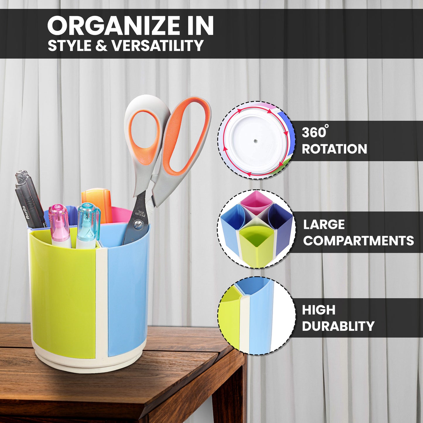 Saya Magic Pen Stand – 4-Compartment Rotatable, Detachable & Transformable Desk Organizer ( SY-PS04)